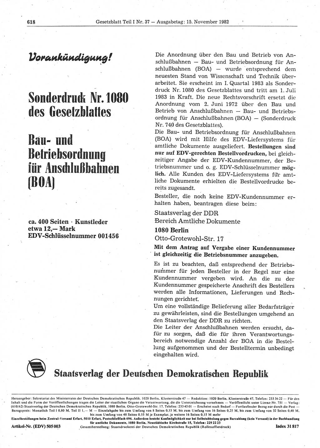 Gesetzblatt (GBl.) der Deutschen Demokratischen Republik (DDR) Teil Ⅰ 1982, Seite 618 (GBl. DDR Ⅰ 1982, S. 618)