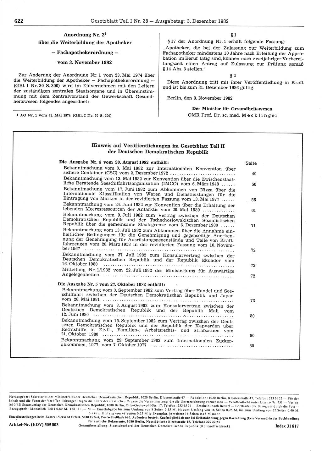 Gesetzblatt (GBl.) der Deutschen Demokratischen Republik (DDR) Teil Ⅰ 1982, Seite 622 (GBl. DDR Ⅰ 1982, S. 622)