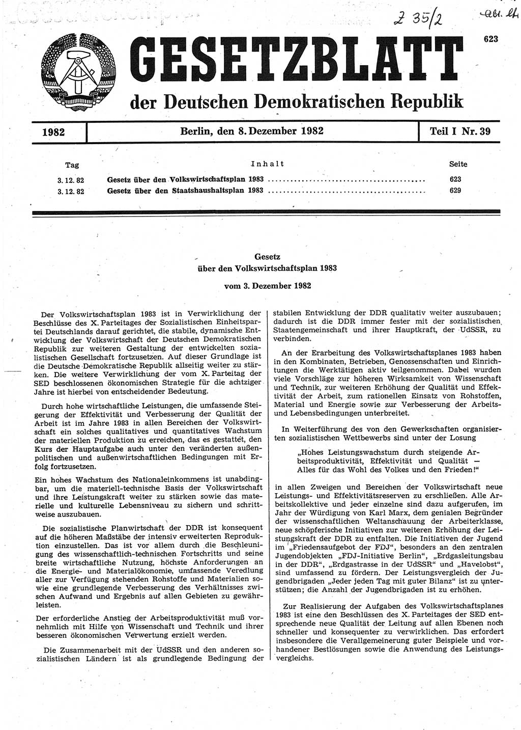 Gesetzblatt (GBl.) der Deutschen Demokratischen Republik (DDR) Teil Ⅰ 1982, Seite 623 (GBl. DDR Ⅰ 1982, S. 623)
