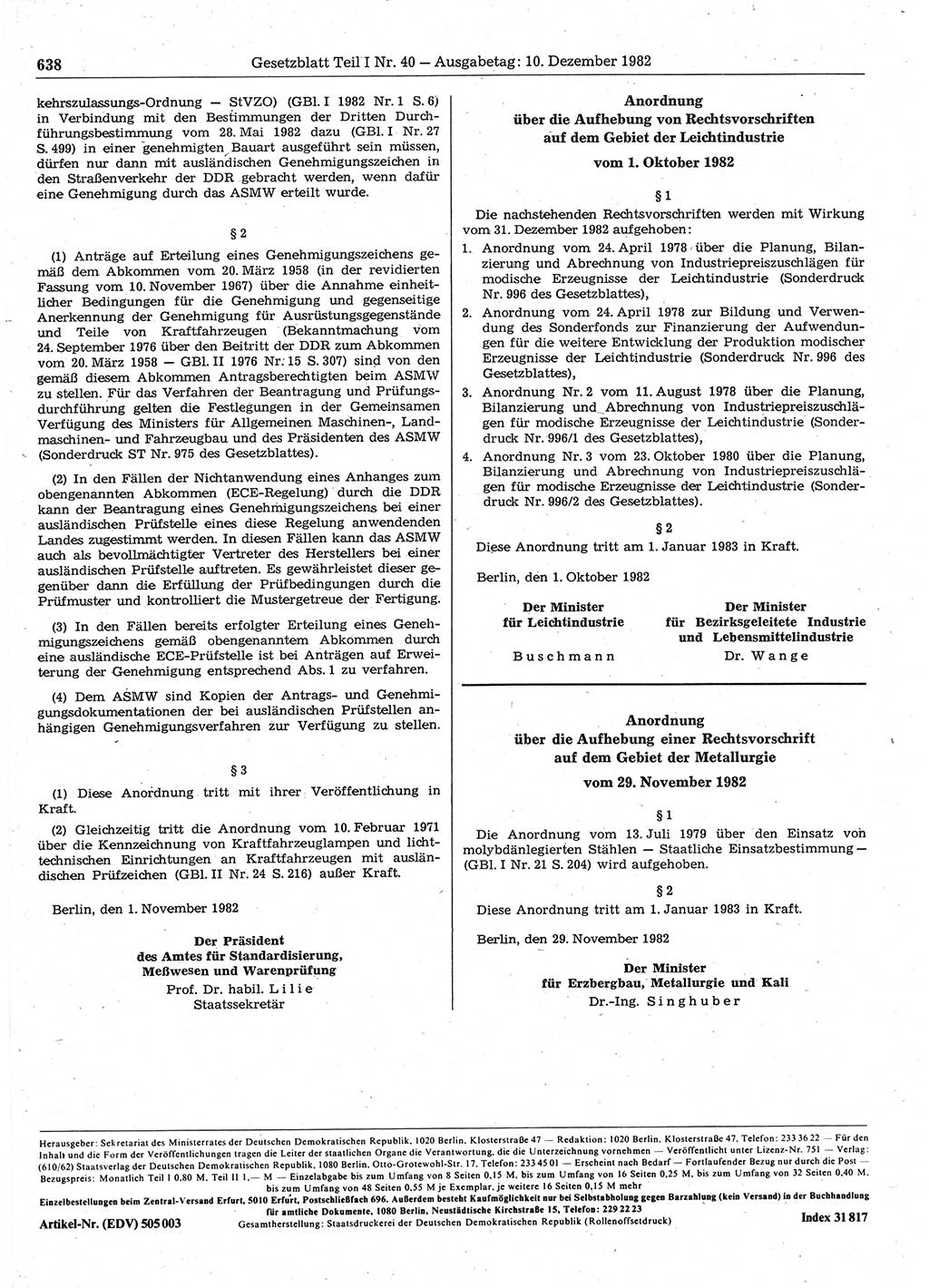 Gesetzblatt (GBl.) der Deutschen Demokratischen Republik (DDR) Teil Ⅰ 1982, Seite 638 (GBl. DDR Ⅰ 1982, S. 638)