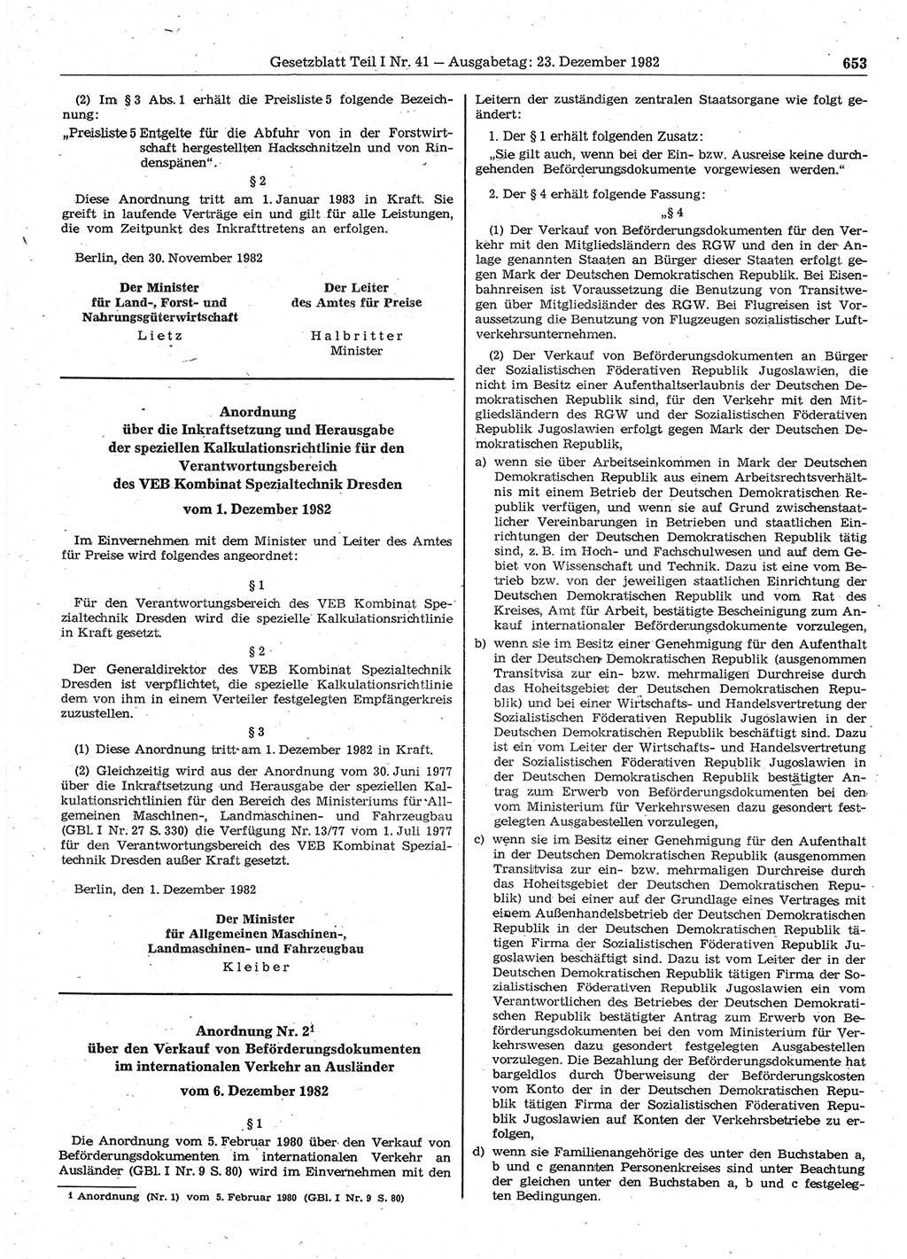 Gesetzblatt (GBl.) der Deutschen Demokratischen Republik (DDR) Teil Ⅰ 1982, Seite 653 (GBl. DDR Ⅰ 1982, S. 653)