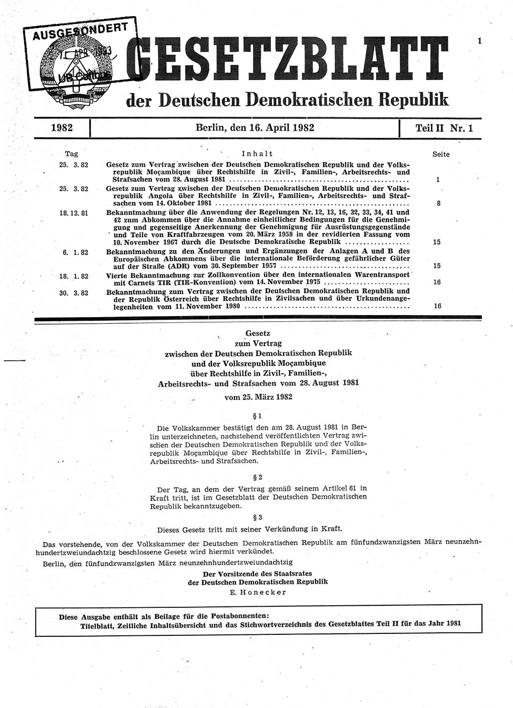 Gesetzblatt (GBl.) der Deutschen Demokratischen Republik (DDR) Teil ⅠⅠ 1982, Seite 1 (GBl. DDR ⅠⅠ 1982, S. 1)