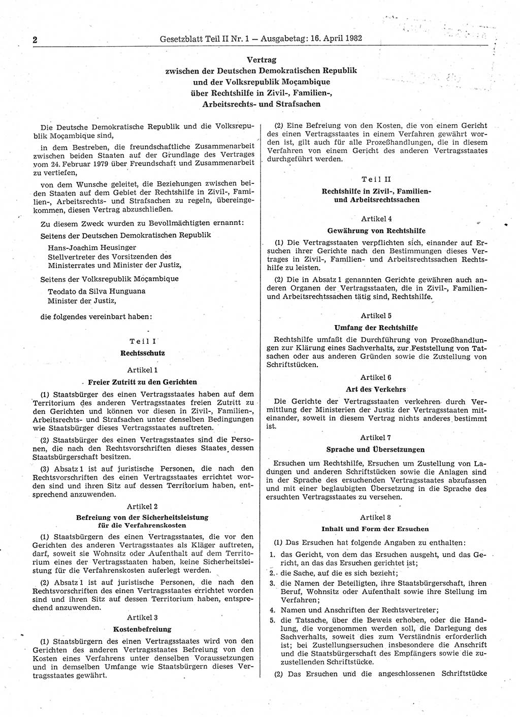 Gesetzblatt (GBl.) der Deutschen Demokratischen Republik (DDR) Teil ⅠⅠ 1982, Seite 2 (GBl. DDR ⅠⅠ 1982, S. 2)