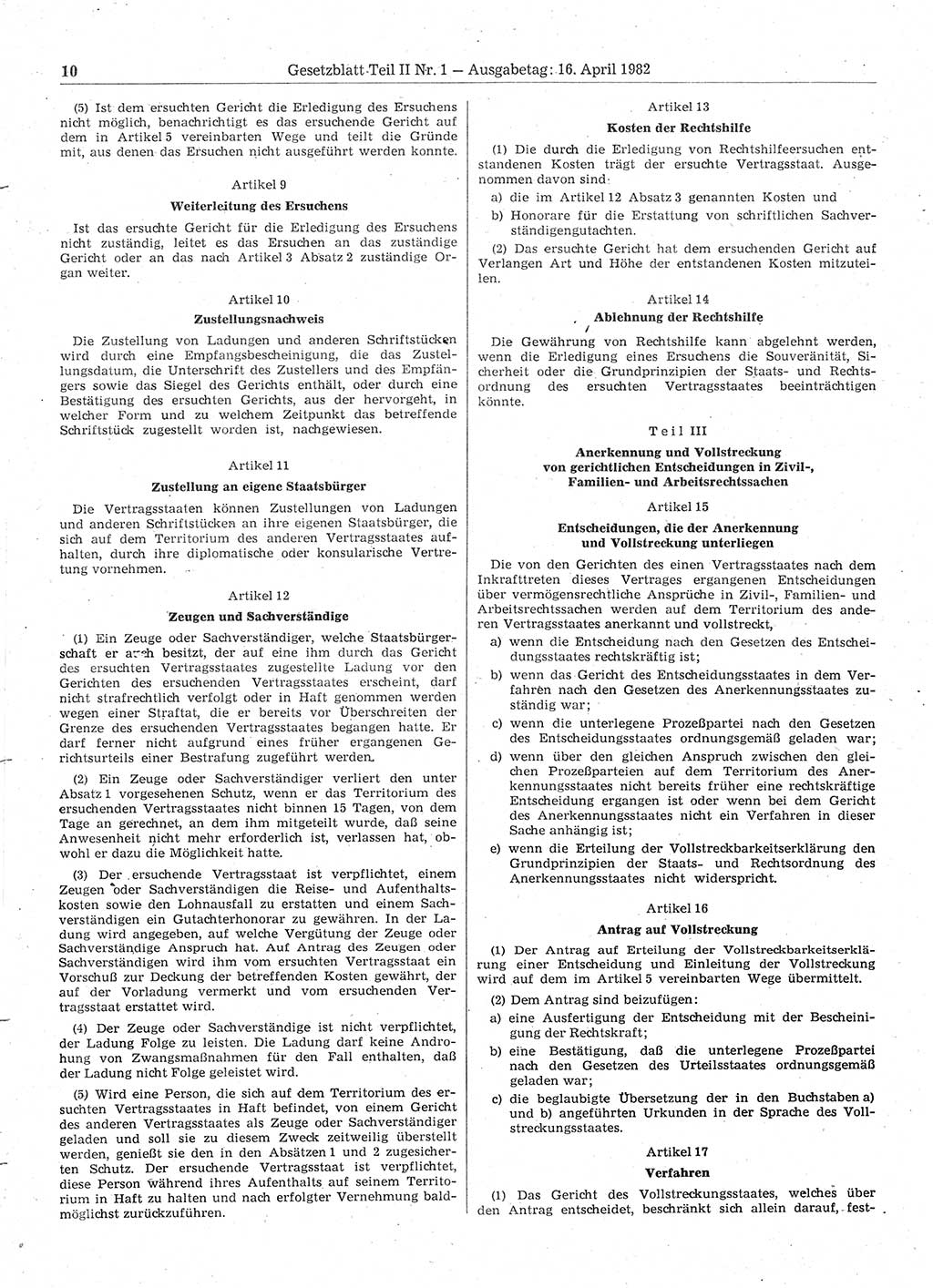 Gesetzblatt (GBl.) der Deutschen Demokratischen Republik (DDR) Teil ⅠⅠ 1982, Seite 10 (GBl. DDR ⅠⅠ 1982, S. 10)
