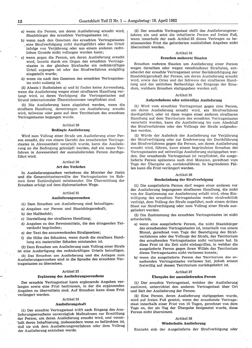 Gesetzblatt (GBl.) der Deutschen Demokratischen Republik (DDR) Teil ⅠⅠ 1982, Seite 12 (GBl. DDR ⅠⅠ 1982, S. 12)