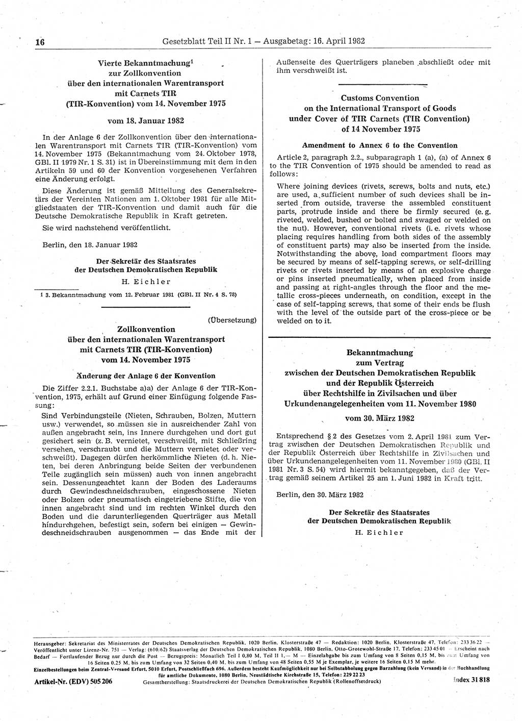 Gesetzblatt (GBl.) der Deutschen Demokratischen Republik (DDR) Teil ⅠⅠ 1982, Seite 16 (GBl. DDR ⅠⅠ 1982, S. 16)