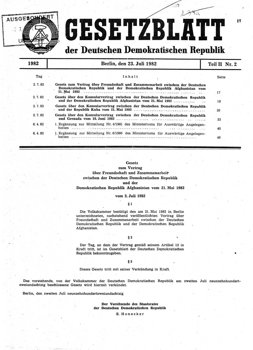 Gesetzblatt (GBl.) der Deutschen Demokratischen Republik (DDR) Teil ⅠⅠ 1982, Seite 17 (GBl. DDR ⅠⅠ 1982, S. 17)