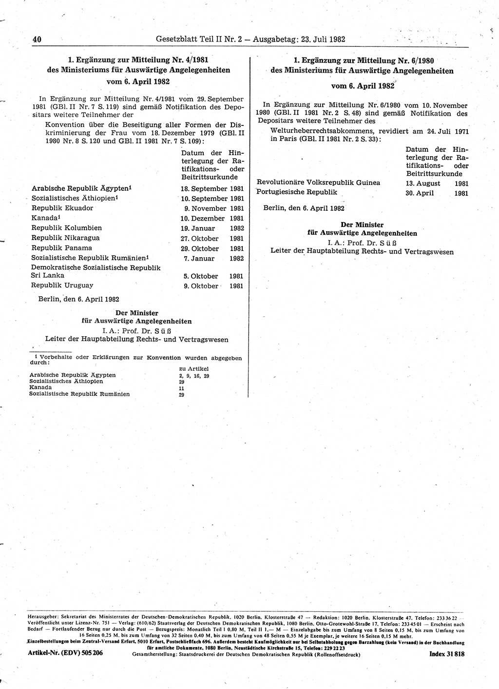Gesetzblatt (GBl.) der Deutschen Demokratischen Republik (DDR) Teil ⅠⅠ 1982, Seite 40 (GBl. DDR ⅠⅠ 1982, S. 40)