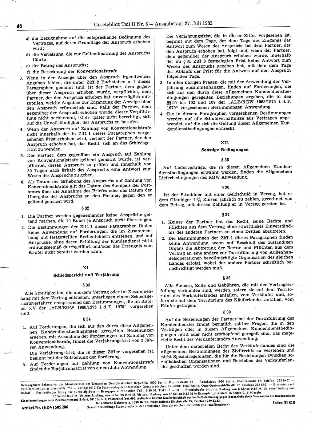 Gesetzblatt (GBl.) der Deutschen Demokratischen Republik (DDR) Teil ⅠⅠ 1982, Seite 48 (GBl. DDR ⅠⅠ 1982, S. 48)
