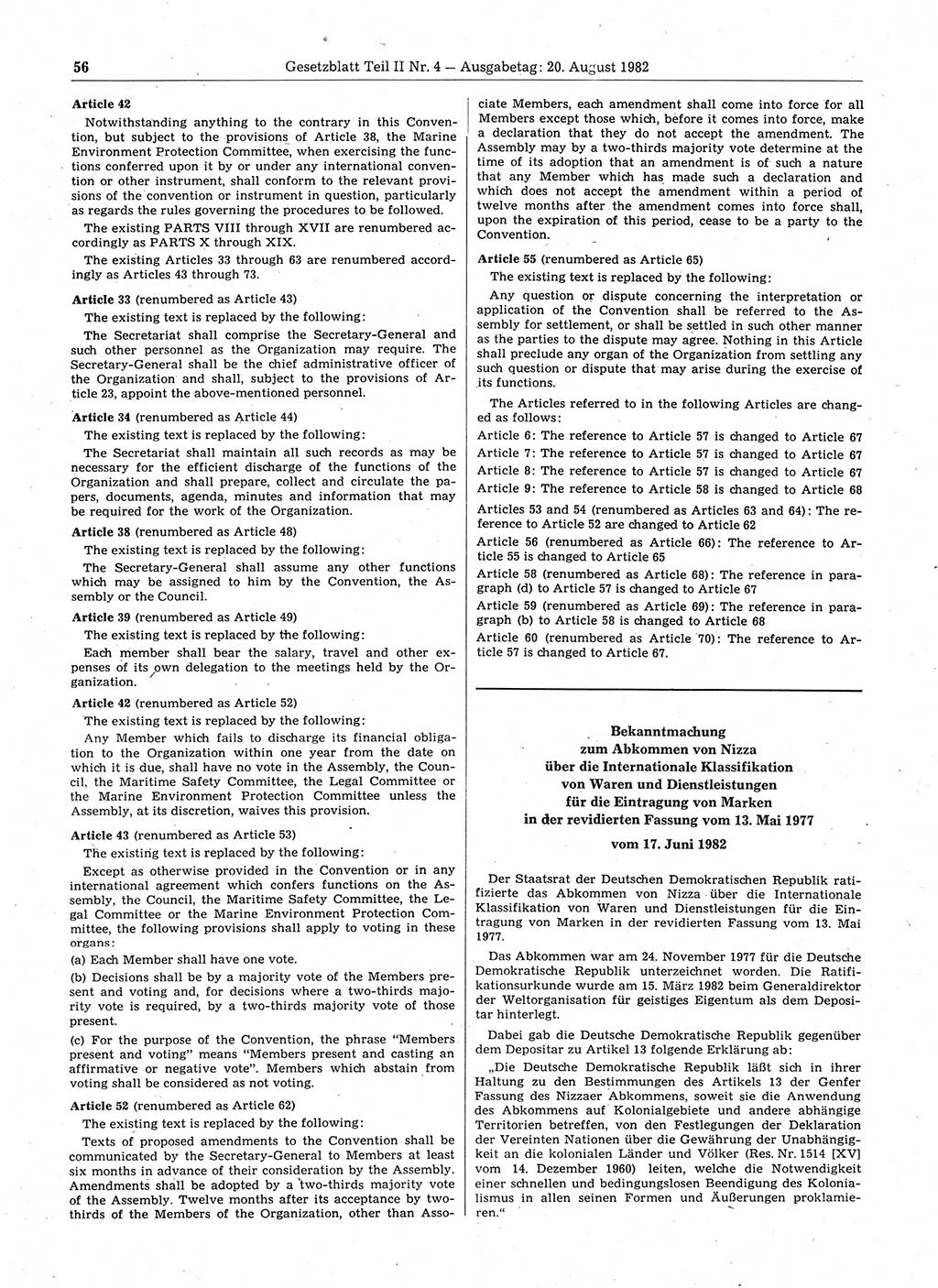 Gesetzblatt (GBl.) der Deutschen Demokratischen Republik (DDR) Teil ⅠⅠ 1982, Seite 56 (GBl. DDR ⅠⅠ 1982, S. 56)