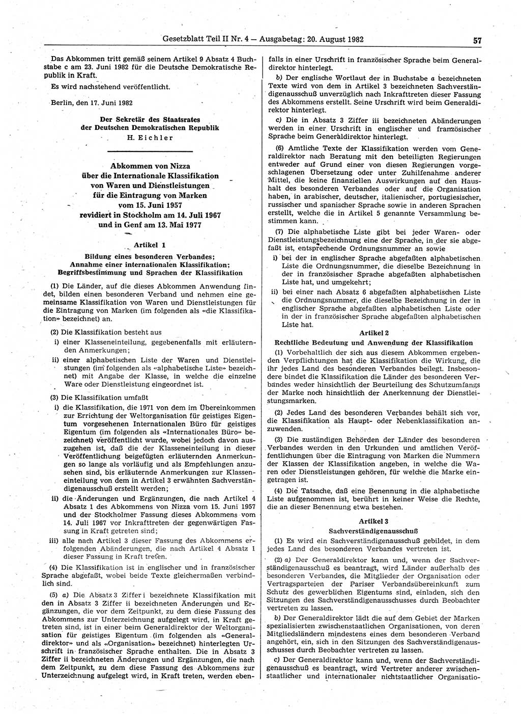 Gesetzblatt (GBl.) der Deutschen Demokratischen Republik (DDR) Teil ⅠⅠ 1982, Seite 57 (GBl. DDR ⅠⅠ 1982, S. 57)