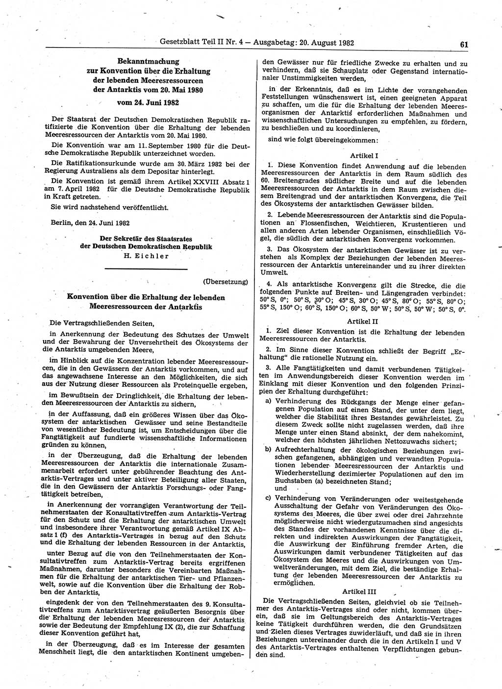 Gesetzblatt (GBl.) der Deutschen Demokratischen Republik (DDR) Teil ⅠⅠ 1982, Seite 61 (GBl. DDR ⅠⅠ 1982, S. 61)