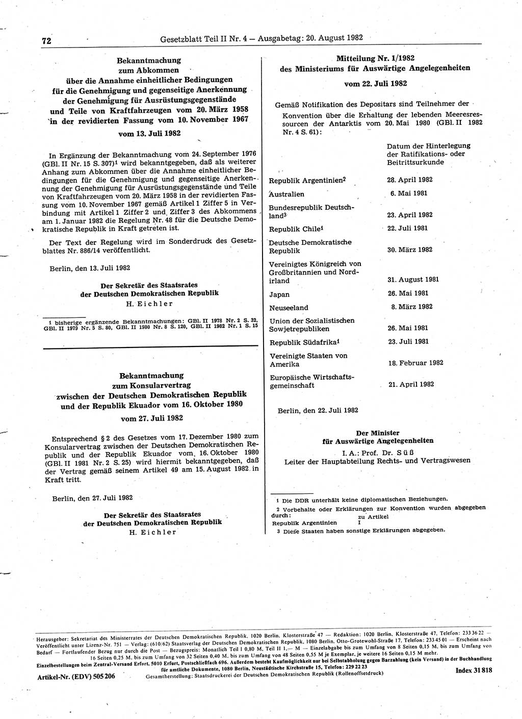 Gesetzblatt (GBl.) der Deutschen Demokratischen Republik (DDR) Teil ⅠⅠ 1982, Seite 72 (GBl. DDR ⅠⅠ 1982, S. 72)