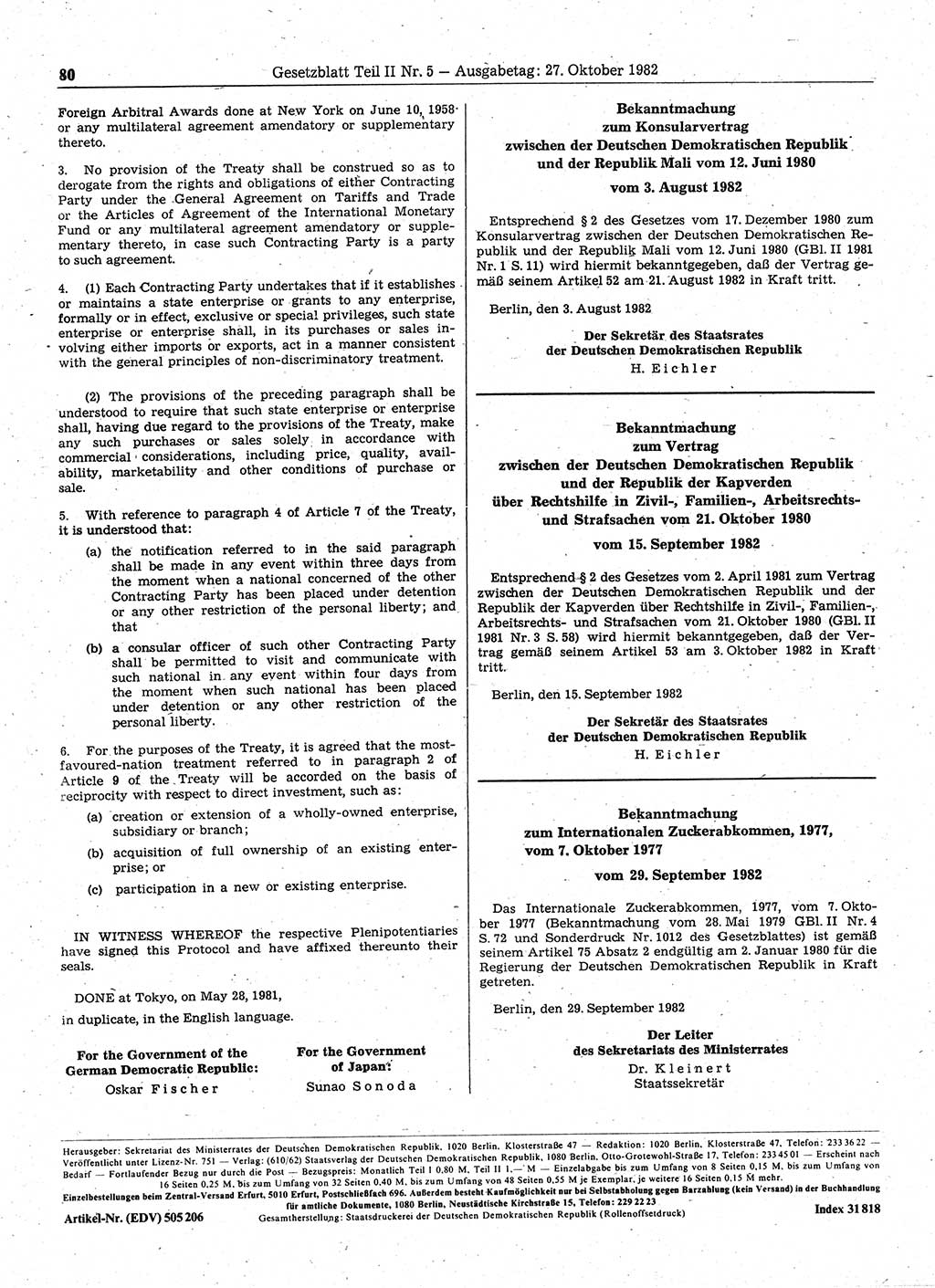 Gesetzblatt (GBl.) der Deutschen Demokratischen Republik (DDR) Teil ⅠⅠ 1982, Seite 80 (GBl. DDR ⅠⅠ 1982, S. 80)