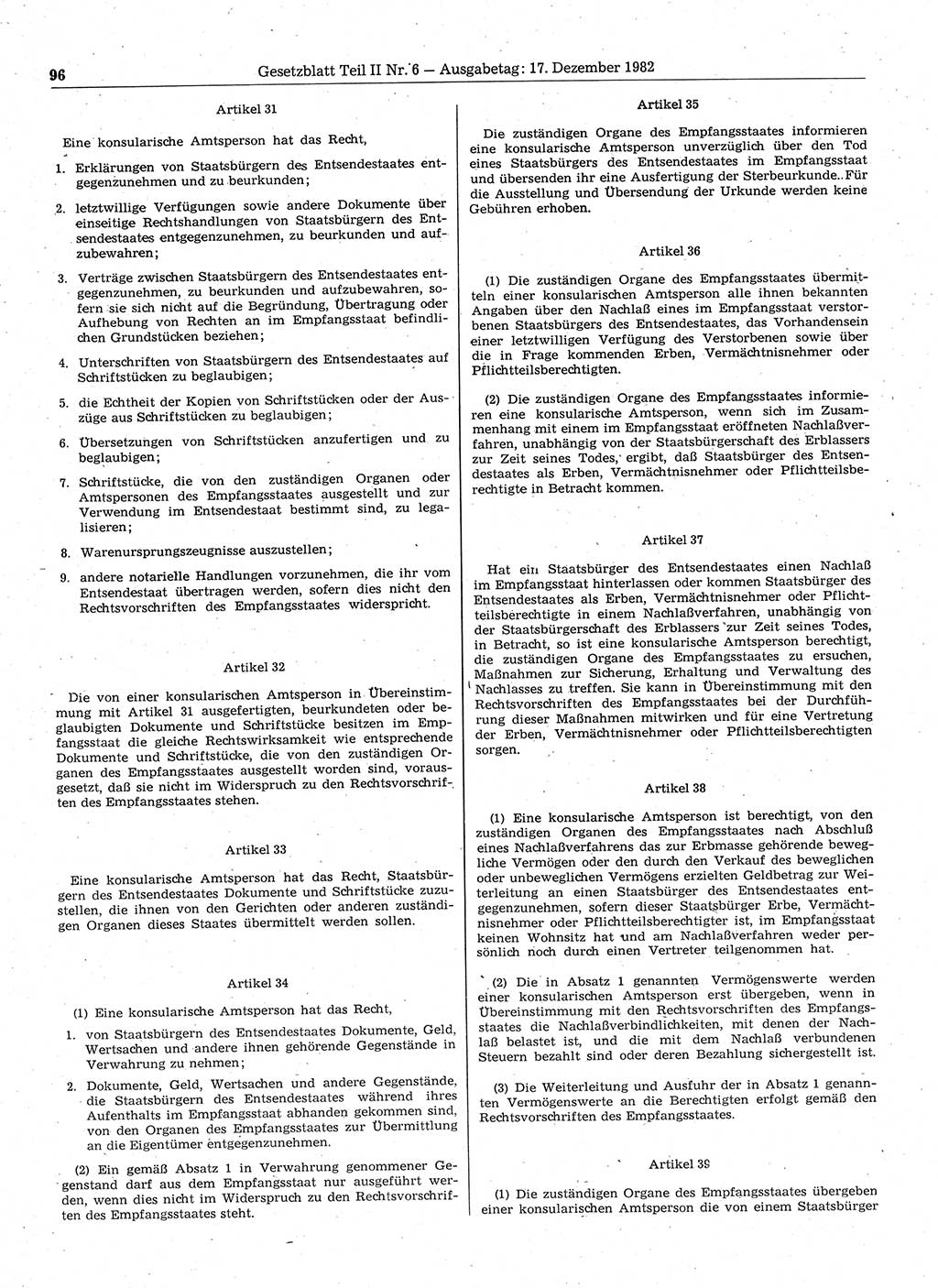 Gesetzblatt (GBl.) der Deutschen Demokratischen Republik (DDR) Teil ⅠⅠ 1982, Seite 96 (GBl. DDR ⅠⅠ 1982, S. 96)