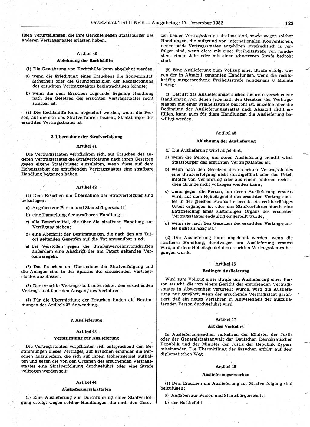 Gesetzblatt (GBl.) der Deutschen Demokratischen Republik (DDR) Teil ⅠⅠ 1982, Seite 123 (GBl. DDR ⅠⅠ 1982, S. 123)