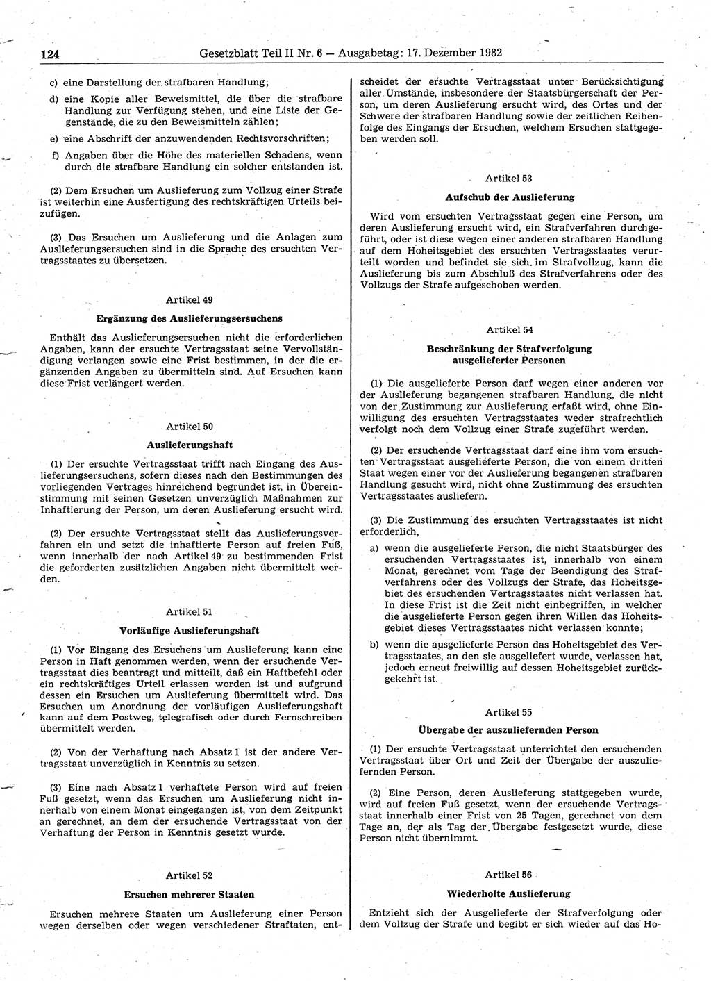 Gesetzblatt (GBl.) der Deutschen Demokratischen Republik (DDR) Teil ⅠⅠ 1982, Seite 124 (GBl. DDR ⅠⅠ 1982, S. 124)