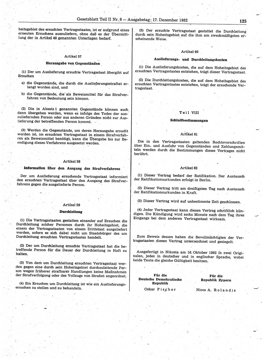 Gesetzblatt (GBl.) der Deutschen Demokratischen Republik (DDR) Teil ⅠⅠ 1982, Seite 125 (GBl. DDR ⅠⅠ 1982, S. 125)