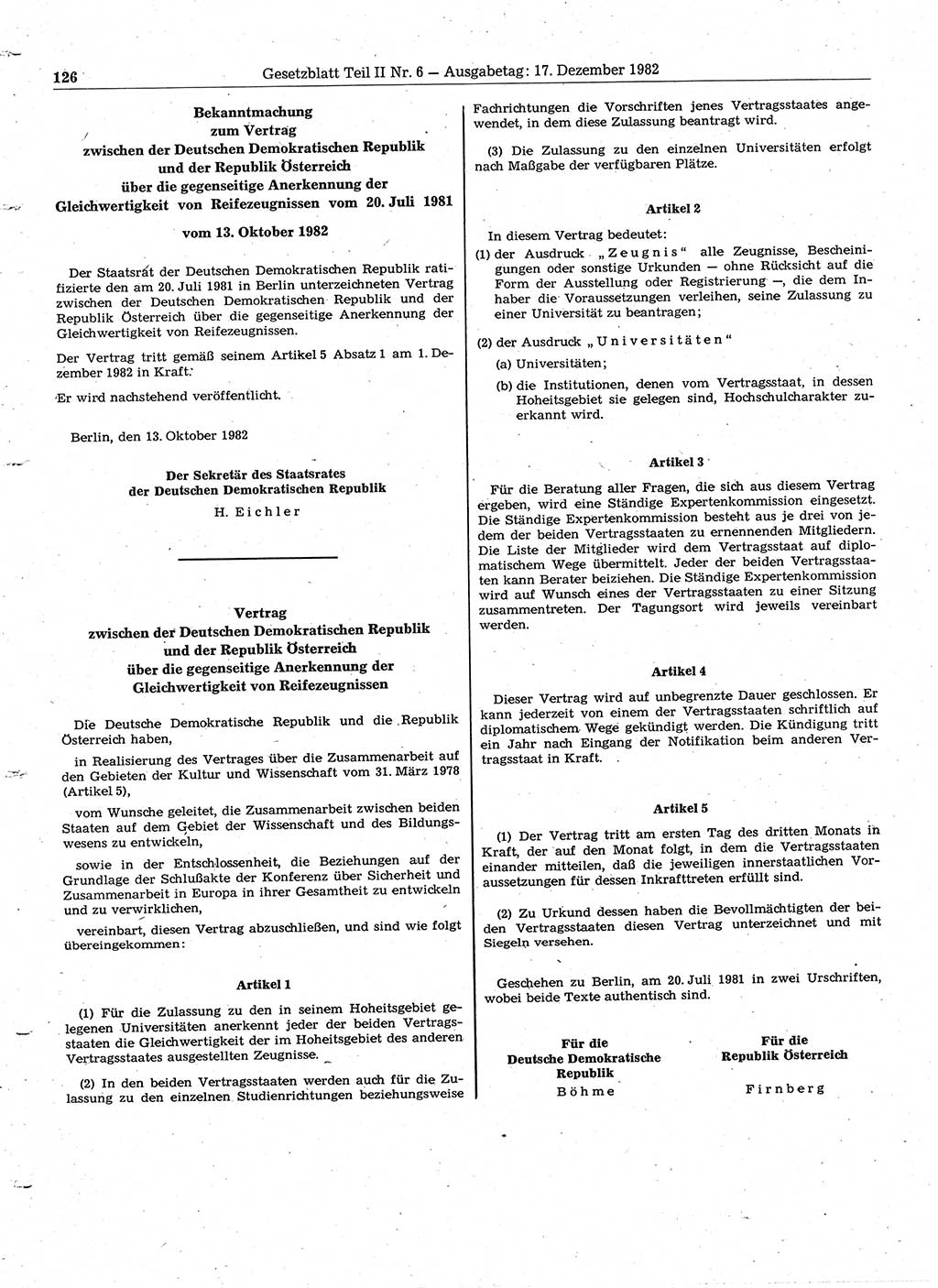 Gesetzblatt (GBl.) der Deutschen Demokratischen Republik (DDR) Teil ⅠⅠ 1982, Seite 126 (GBl. DDR ⅠⅠ 1982, S. 126)