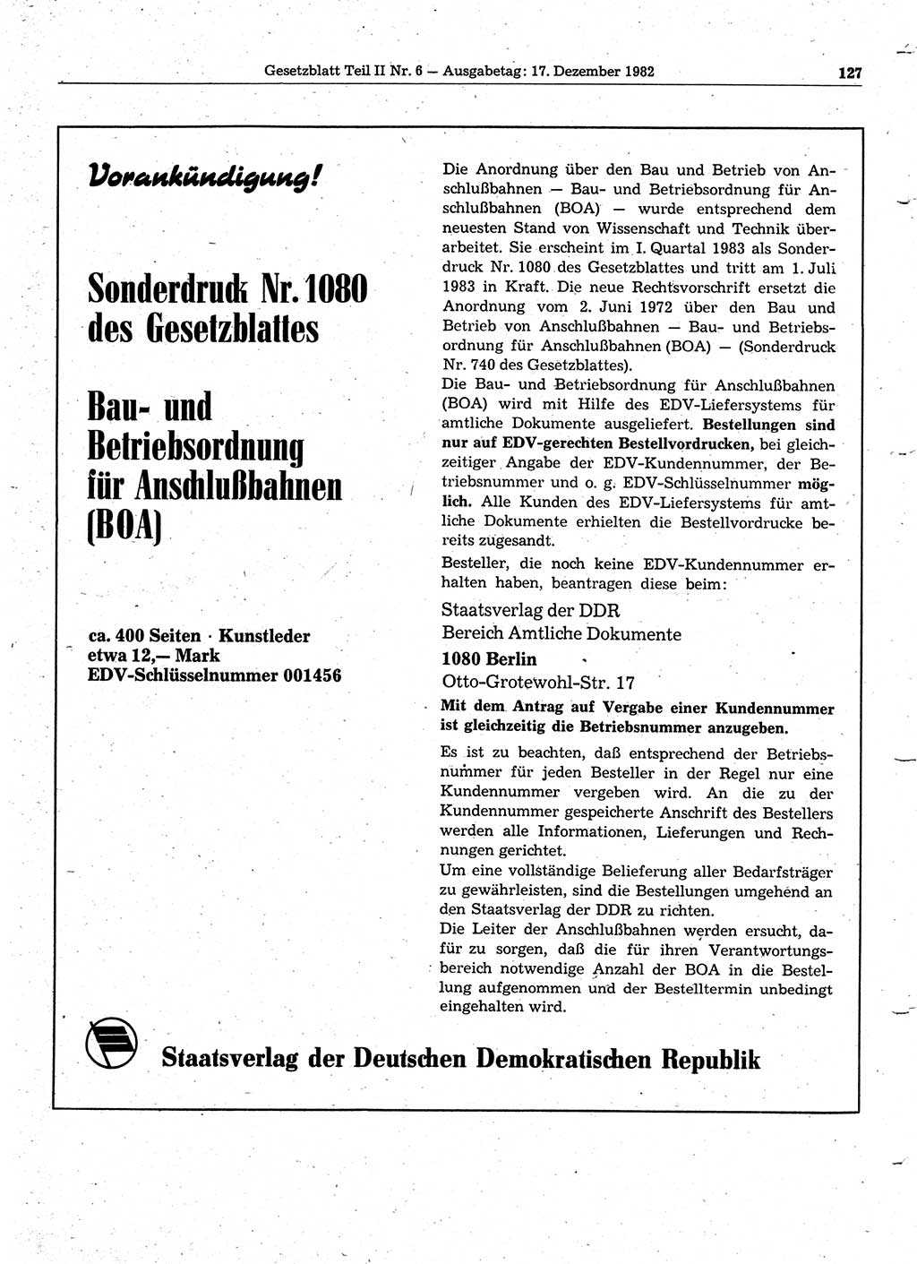 Gesetzblatt (GBl.) der Deutschen Demokratischen Republik (DDR) Teil ⅠⅠ 1982, Seite 127 (GBl. DDR ⅠⅠ 1982, S. 127)