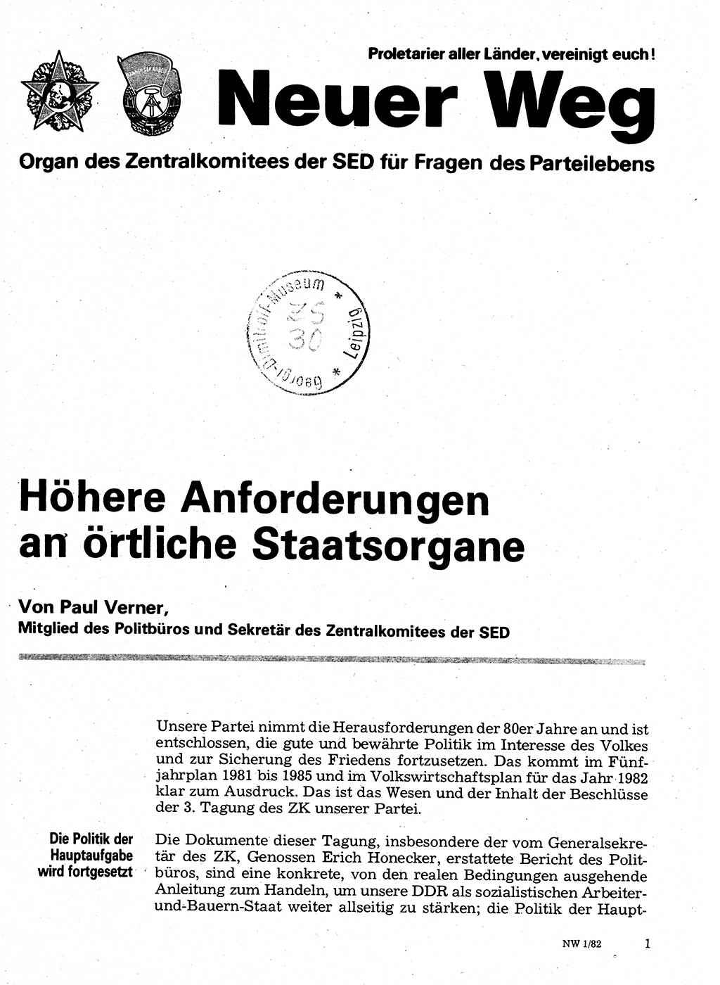 Neuer Weg (NW), Organ des Zentralkomitees (ZK) der SED (Sozialistische Einheitspartei Deutschlands) für Fragen des Parteilebens, 37. Jahrgang [Deutsche Demokratische Republik (DDR)] 1982, Seite 1 (NW ZK SED DDR 1982, S. 1)