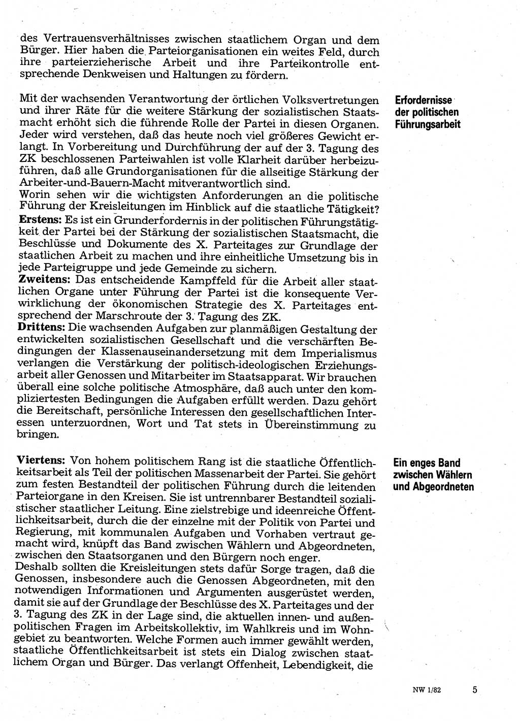 Neuer Weg (NW), Organ des Zentralkomitees (ZK) der SED (Sozialistische Einheitspartei Deutschlands) für Fragen des Parteilebens, 37. Jahrgang [Deutsche Demokratische Republik (DDR)] 1982, Seite 5 (NW ZK SED DDR 1982, S. 5)