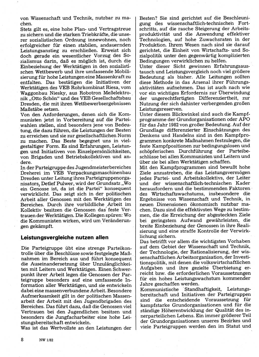 Neuer Weg (NW), Organ des Zentralkomitees (ZK) der SED (Sozialistische Einheitspartei Deutschlands) für Fragen des Parteilebens, 37. Jahrgang [Deutsche Demokratische Republik (DDR)] 1982, Seite 8 (NW ZK SED DDR 1982, S. 8)