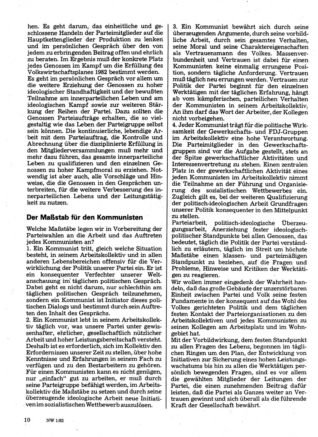 Neuer Weg (NW), Organ des Zentralkomitees (ZK) der SED (Sozialistische Einheitspartei Deutschlands) für Fragen des Parteilebens, 37. Jahrgang [Deutsche Demokratische Republik (DDR)] 1982, Seite 10 (NW ZK SED DDR 1982, S. 10)