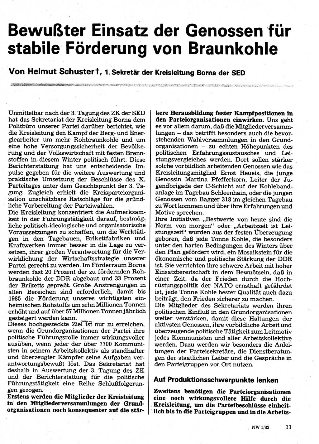 Neuer Weg (NW), Organ des Zentralkomitees (ZK) der SED (Sozialistische Einheitspartei Deutschlands) für Fragen des Parteilebens, 37. Jahrgang [Deutsche Demokratische Republik (DDR)] 1982, Seite 11 (NW ZK SED DDR 1982, S. 11)
