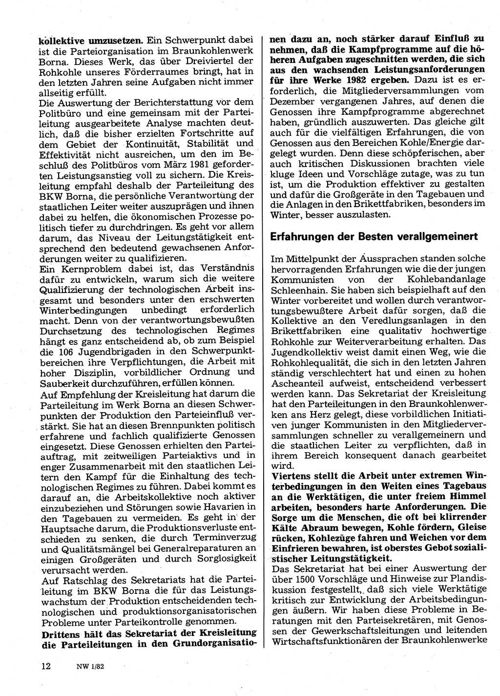 Neuer Weg (NW), Organ des Zentralkomitees (ZK) der SED (Sozialistische Einheitspartei Deutschlands) für Fragen des Parteilebens, 37. Jahrgang [Deutsche Demokratische Republik (DDR)] 1982, Seite 12 (NW ZK SED DDR 1982, S. 12)