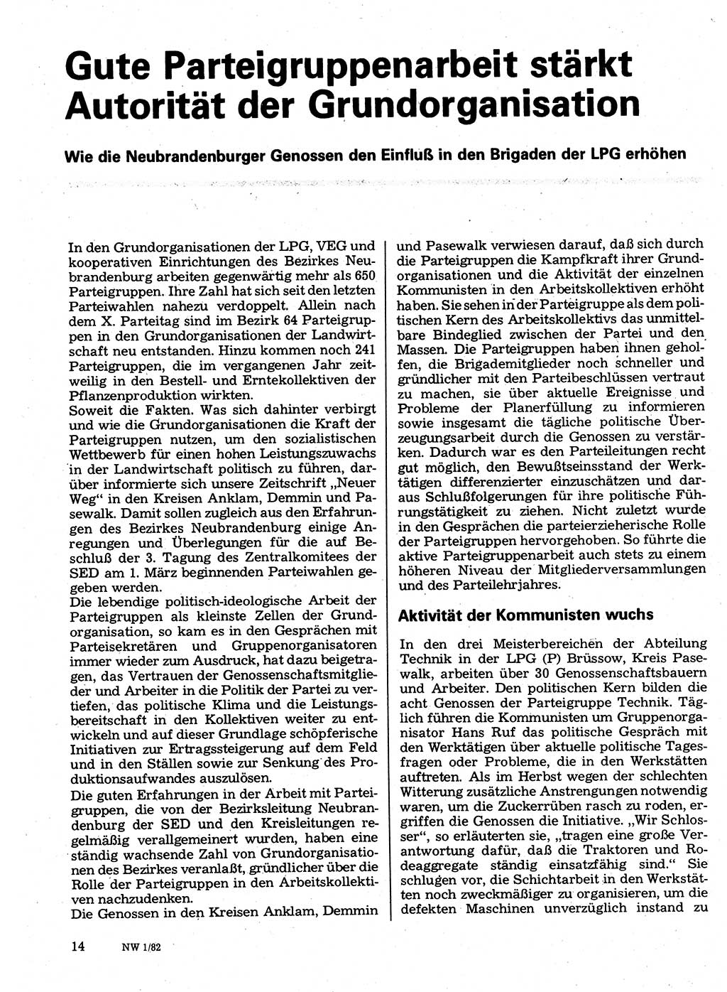 Neuer Weg (NW), Organ des Zentralkomitees (ZK) der SED (Sozialistische Einheitspartei Deutschlands) für Fragen des Parteilebens, 37. Jahrgang [Deutsche Demokratische Republik (DDR)] 1982, Seite 14 (NW ZK SED DDR 1982, S. 14)