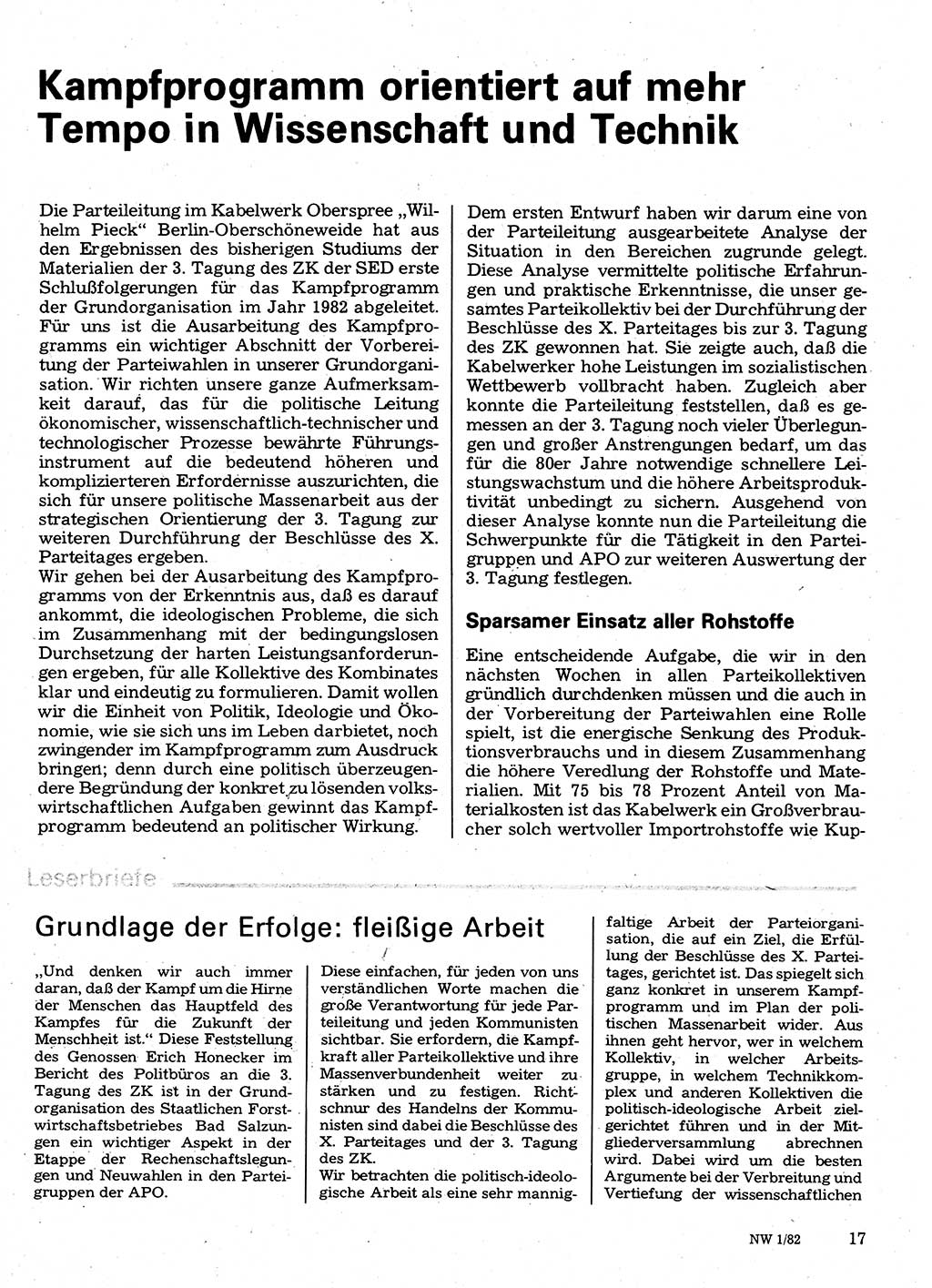 Neuer Weg (NW), Organ des Zentralkomitees (ZK) der SED (Sozialistische Einheitspartei Deutschlands) für Fragen des Parteilebens, 37. Jahrgang [Deutsche Demokratische Republik (DDR)] 1982, Seite 17 (NW ZK SED DDR 1982, S. 17)