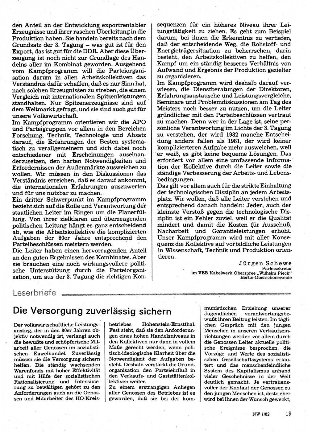 Neuer Weg (NW), Organ des Zentralkomitees (ZK) der SED (Sozialistische Einheitspartei Deutschlands) für Fragen des Parteilebens, 37. Jahrgang [Deutsche Demokratische Republik (DDR)] 1982, Seite 19 (NW ZK SED DDR 1982, S. 19)