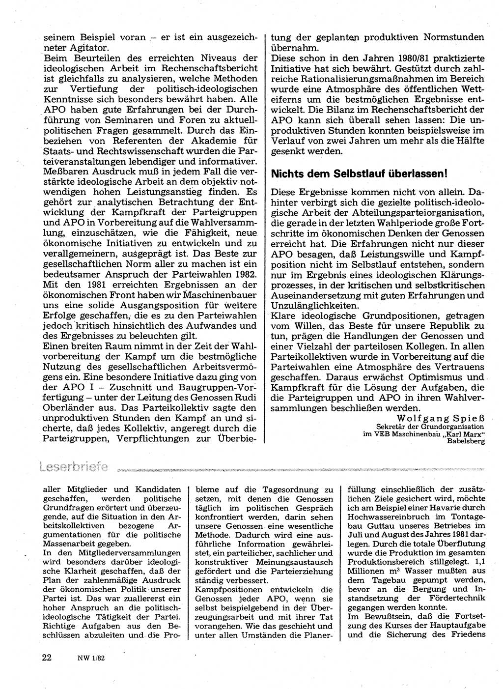 Neuer Weg (NW), Organ des Zentralkomitees (ZK) der SED (Sozialistische Einheitspartei Deutschlands) für Fragen des Parteilebens, 37. Jahrgang [Deutsche Demokratische Republik (DDR)] 1982, Seite 22 (NW ZK SED DDR 1982, S. 22)