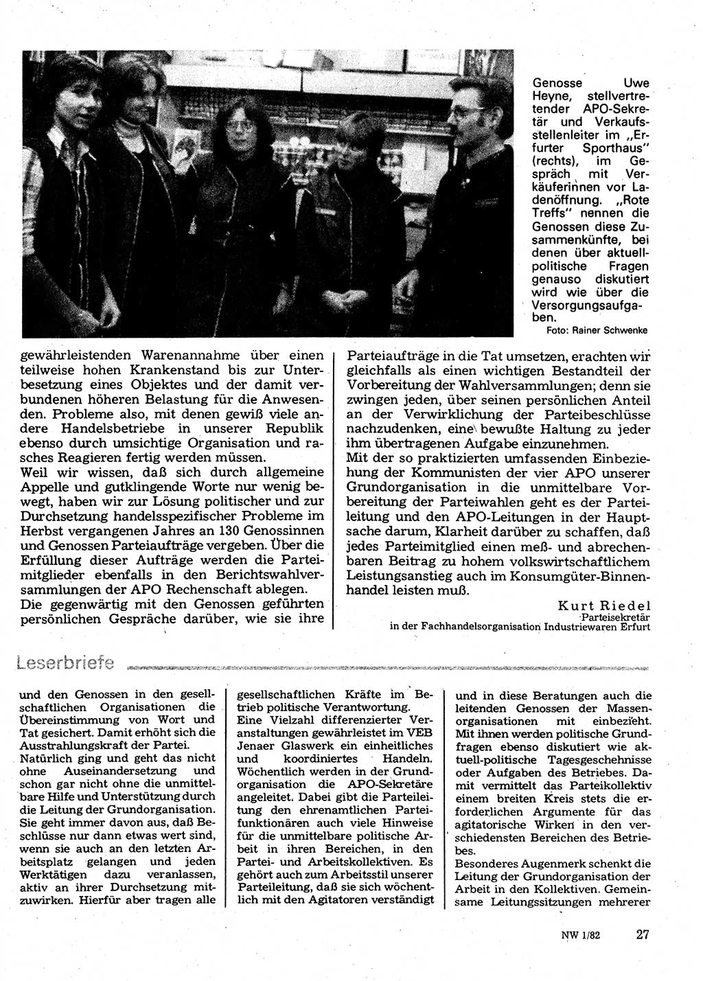 Neuer Weg (NW), Organ des Zentralkomitees (ZK) der SED (Sozialistische Einheitspartei Deutschlands) für Fragen des Parteilebens, 37. Jahrgang [Deutsche Demokratische Republik (DDR)] 1982, Seite 27 (NW ZK SED DDR 1982, S. 27)