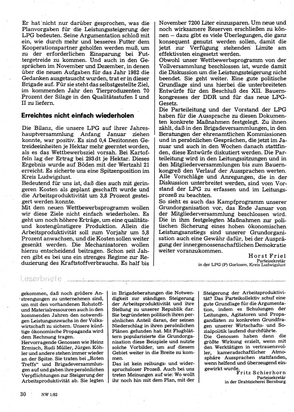 Neuer Weg (NW), Organ des Zentralkomitees (ZK) der SED (Sozialistische Einheitspartei Deutschlands) für Fragen des Parteilebens, 37. Jahrgang [Deutsche Demokratische Republik (DDR)] 1982, Seite 30 (NW ZK SED DDR 1982, S. 30)
