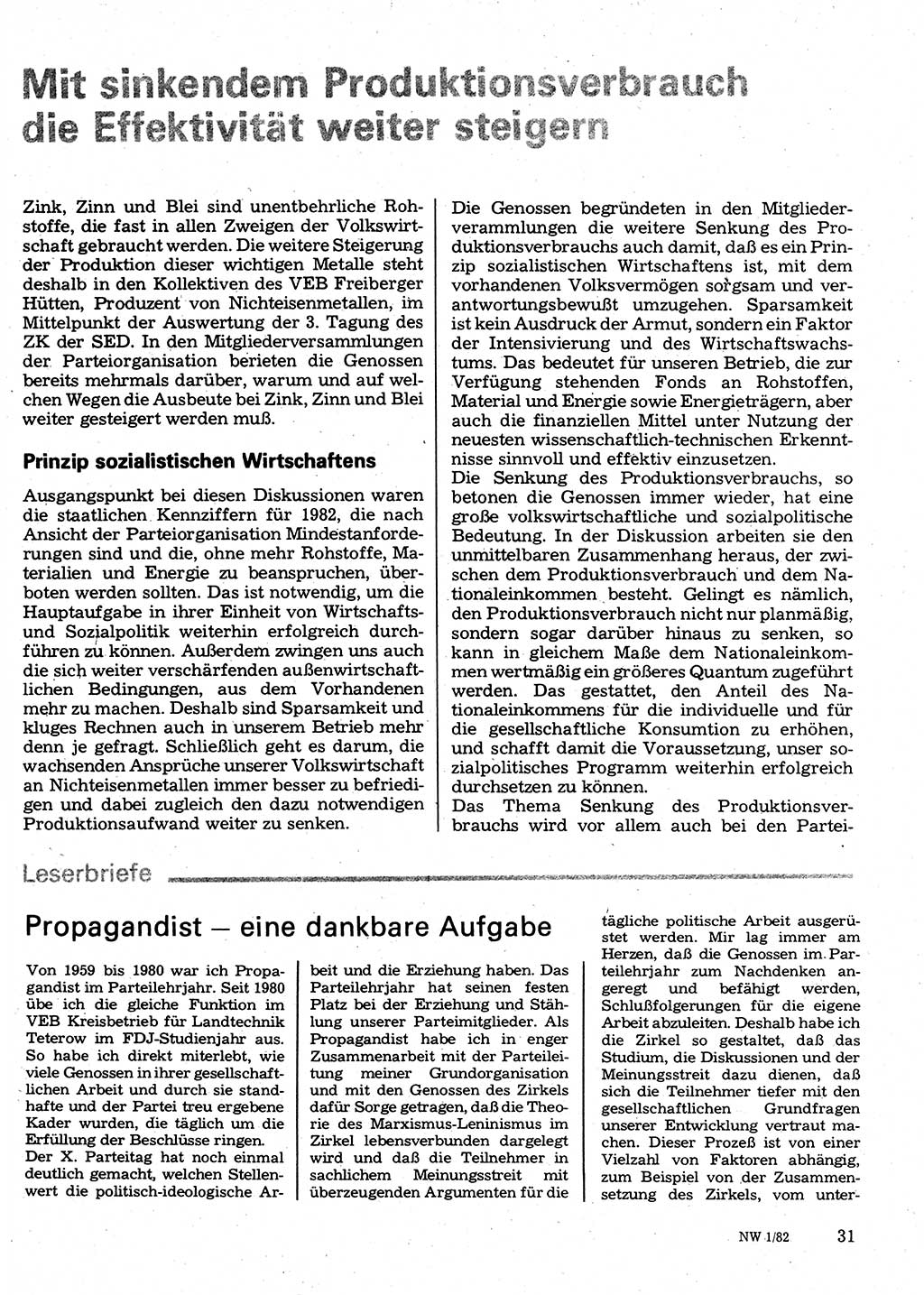 Neuer Weg (NW), Organ des Zentralkomitees (ZK) der SED (Sozialistische Einheitspartei Deutschlands) für Fragen des Parteilebens, 37. Jahrgang [Deutsche Demokratische Republik (DDR)] 1982, Seite 31 (NW ZK SED DDR 1982, S. 31)