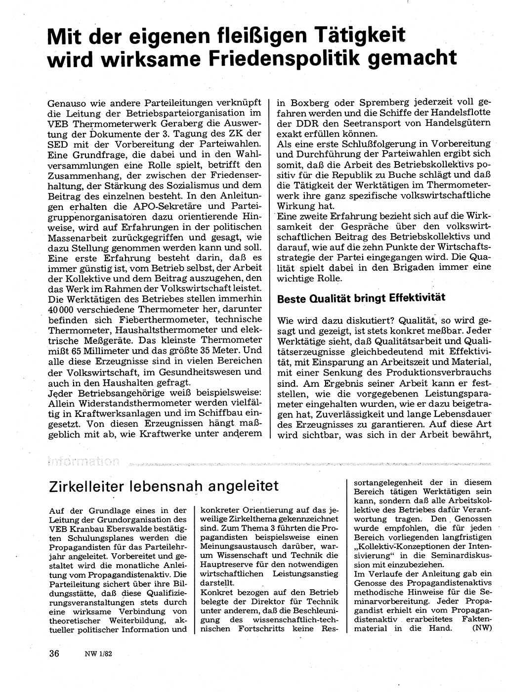 Neuer Weg (NW), Organ des Zentralkomitees (ZK) der SED (Sozialistische Einheitspartei Deutschlands) für Fragen des Parteilebens, 37. Jahrgang [Deutsche Demokratische Republik (DDR)] 1982, Seite 36 (NW ZK SED DDR 1982, S. 36)