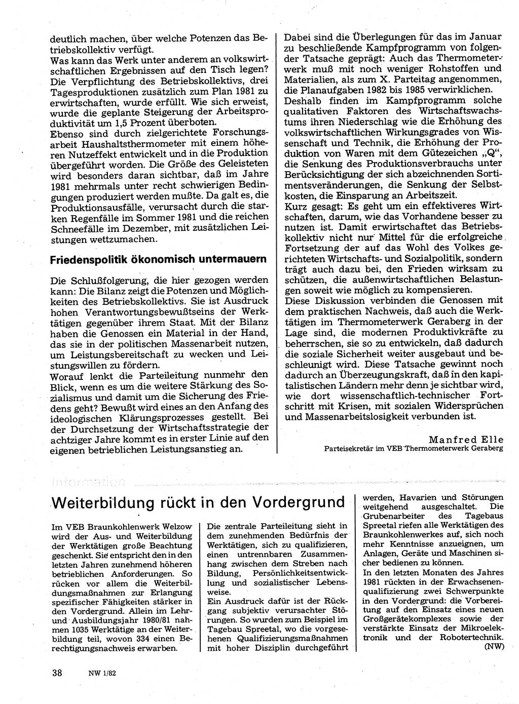 Neuer Weg (NW), Organ des Zentralkomitees (ZK) der SED (Sozialistische Einheitspartei Deutschlands) für Fragen des Parteilebens, 37. Jahrgang [Deutsche Demokratische Republik (DDR)] 1982, Seite 38 (NW ZK SED DDR 1982, S. 38)