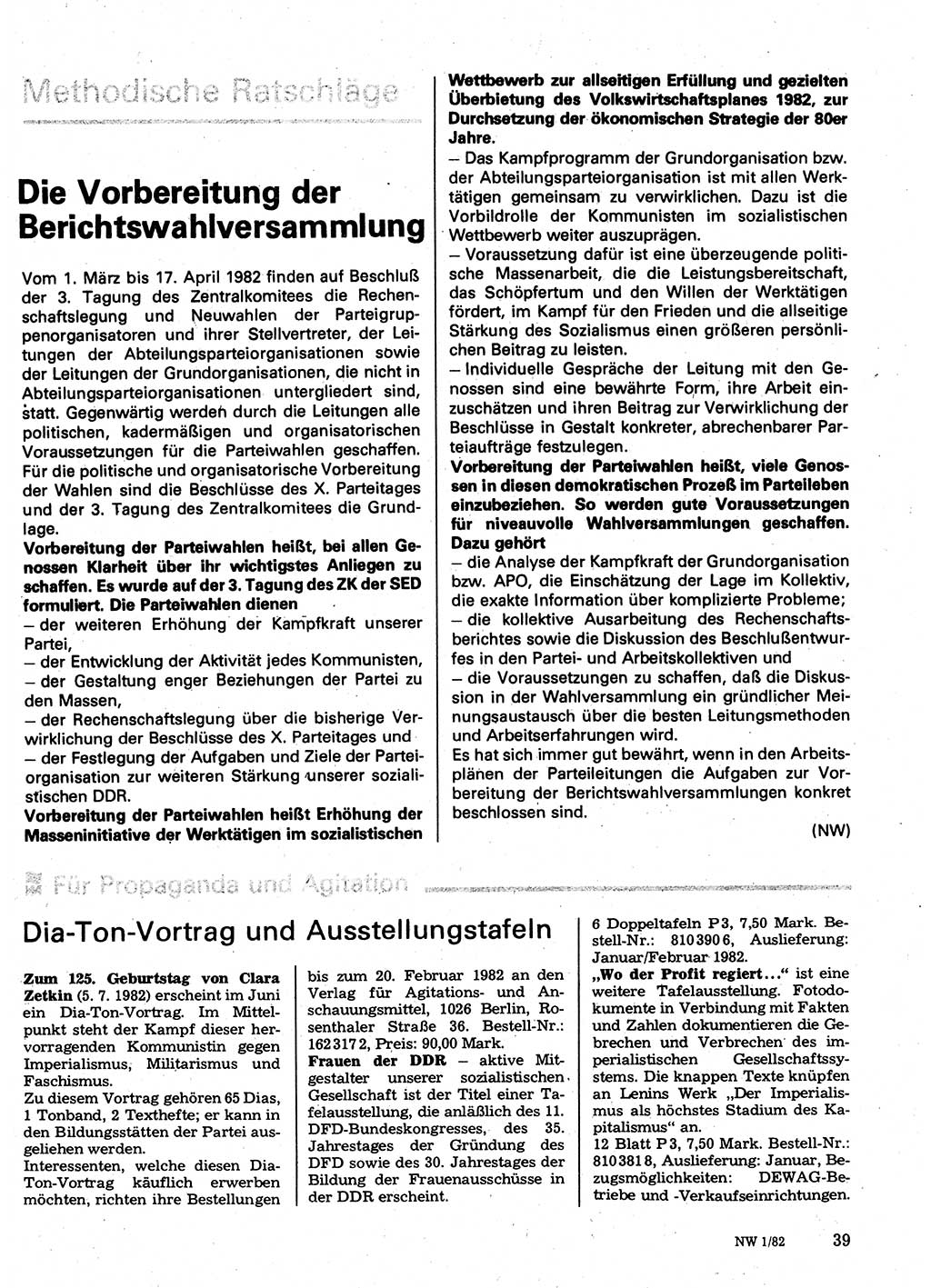 Neuer Weg (NW), Organ des Zentralkomitees (ZK) der SED (Sozialistische Einheitspartei Deutschlands) für Fragen des Parteilebens, 37. Jahrgang [Deutsche Demokratische Republik (DDR)] 1982, Seite 39 (NW ZK SED DDR 1982, S. 39)