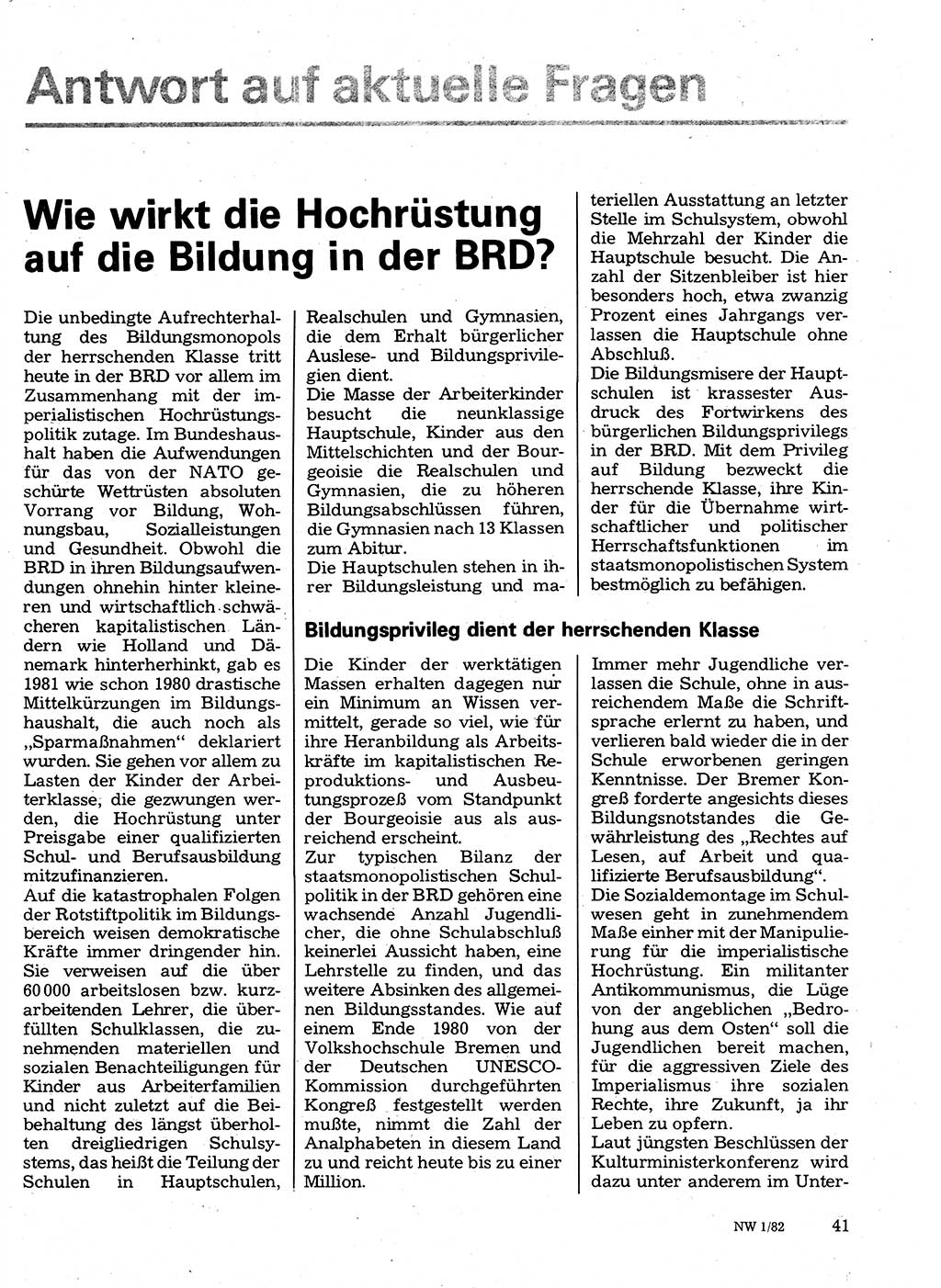Neuer Weg (NW), Organ des Zentralkomitees (ZK) der SED (Sozialistische Einheitspartei Deutschlands) für Fragen des Parteilebens, 37. Jahrgang [Deutsche Demokratische Republik (DDR)] 1982, Seite 41 (NW ZK SED DDR 1982, S. 41)