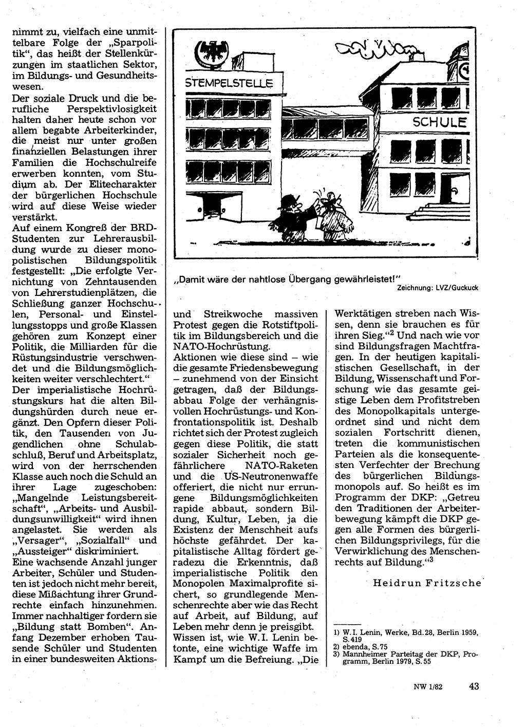 Neuer Weg (NW), Organ des Zentralkomitees (ZK) der SED (Sozialistische Einheitspartei Deutschlands) für Fragen des Parteilebens, 37. Jahrgang [Deutsche Demokratische Republik (DDR)] 1982, Seite 43 (NW ZK SED DDR 1982, S. 43)