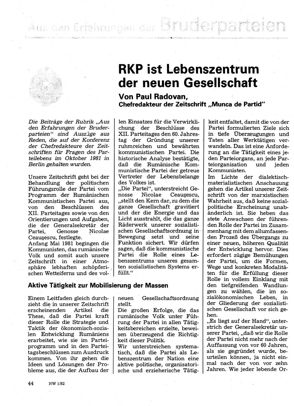 Neuer Weg (NW), Organ des Zentralkomitees (ZK) der SED (Sozialistische Einheitspartei Deutschlands) für Fragen des Parteilebens, 37. Jahrgang [Deutsche Demokratische Republik (DDR)] 1982, Seite 44 (NW ZK SED DDR 1982, S. 44)