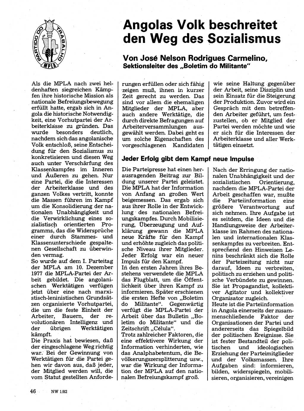 Neuer Weg (NW), Organ des Zentralkomitees (ZK) der SED (Sozialistische Einheitspartei Deutschlands) für Fragen des Parteilebens, 37. Jahrgang [Deutsche Demokratische Republik (DDR)] 1982, Seite 46 (NW ZK SED DDR 1982, S. 46)