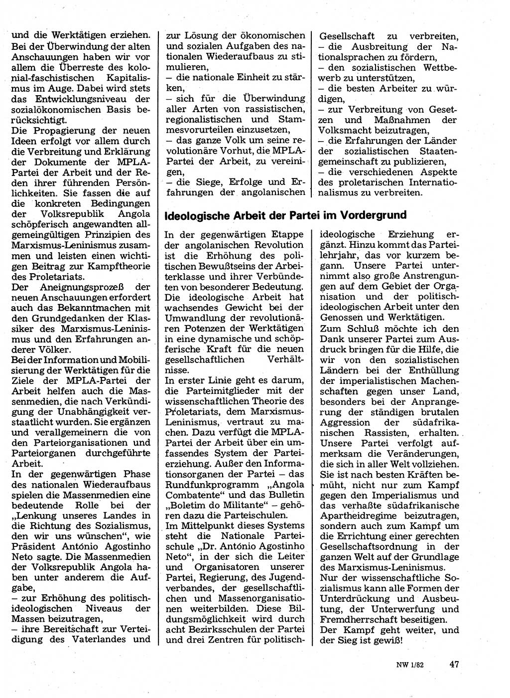 Neuer Weg (NW), Organ des Zentralkomitees (ZK) der SED (Sozialistische Einheitspartei Deutschlands) für Fragen des Parteilebens, 37. Jahrgang [Deutsche Demokratische Republik (DDR)] 1982, Seite 47 (NW ZK SED DDR 1982, S. 47)
