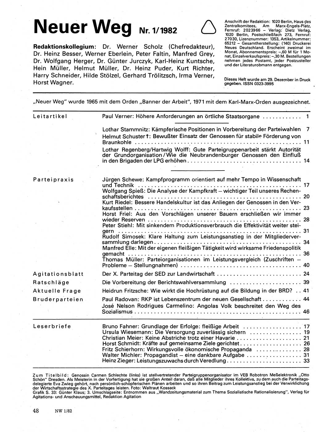 Neuer Weg (NW), Organ des Zentralkomitees (ZK) der SED (Sozialistische Einheitspartei Deutschlands) für Fragen des Parteilebens, 37. Jahrgang [Deutsche Demokratische Republik (DDR)] 1982, Seite 48 (NW ZK SED DDR 1982, S. 48)