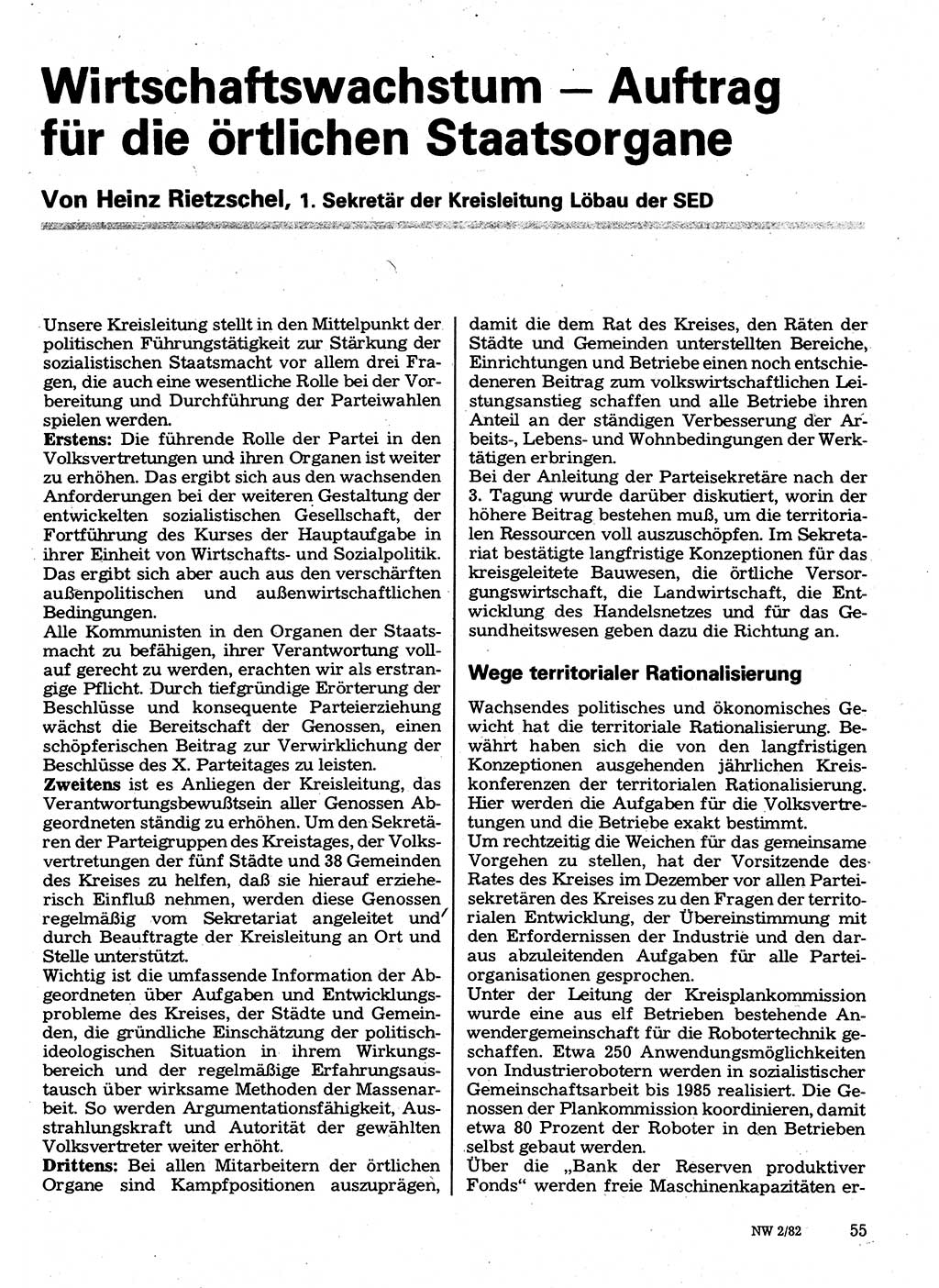 Neuer Weg (NW), Organ des Zentralkomitees (ZK) der SED (Sozialistische Einheitspartei Deutschlands) für Fragen des Parteilebens, 37. Jahrgang [Deutsche Demokratische Republik (DDR)] 1982, Seite 55 (NW ZK SED DDR 1982, S. 55)