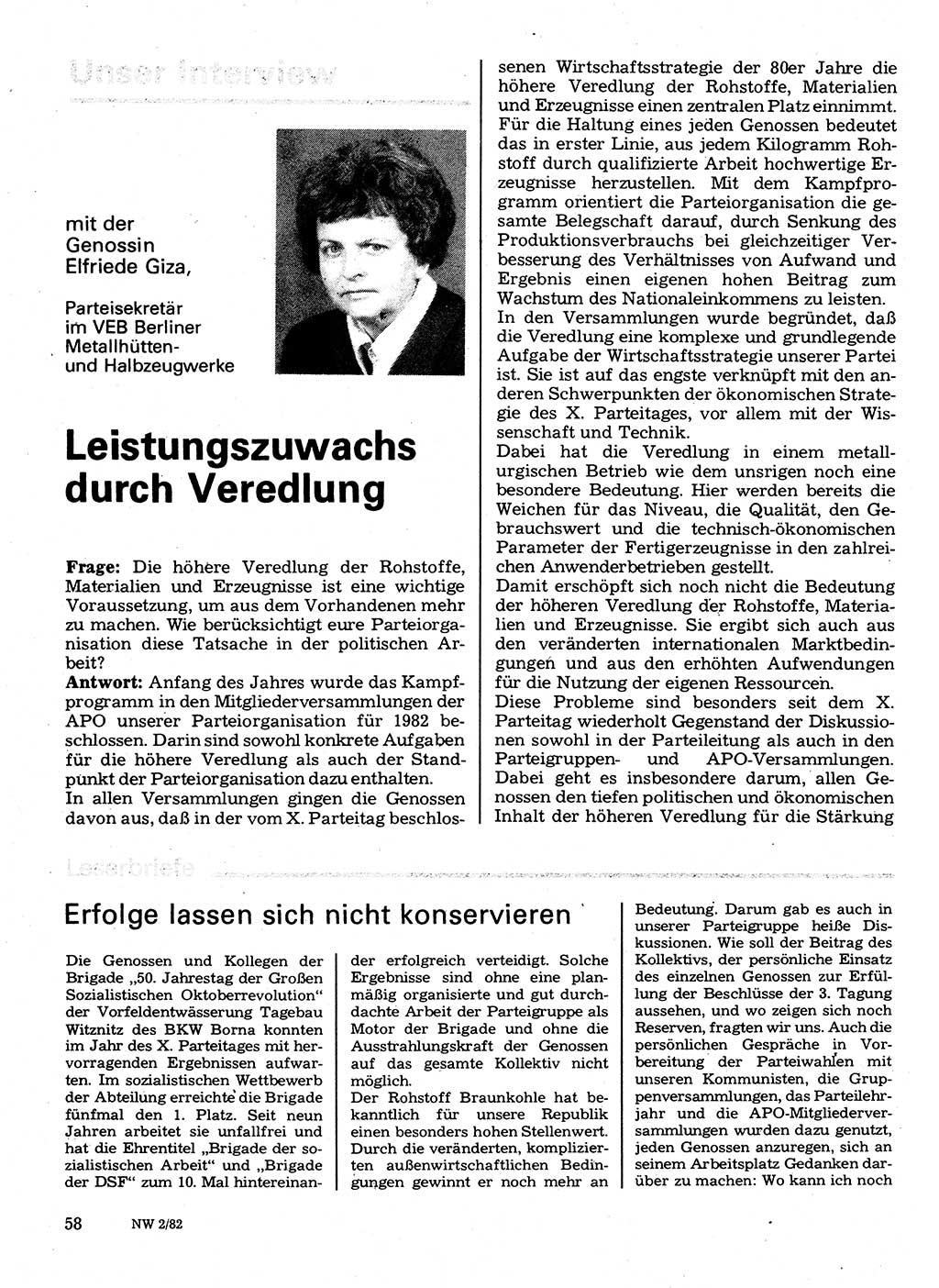 Neuer Weg (NW), Organ des Zentralkomitees (ZK) der SED (Sozialistische Einheitspartei Deutschlands) für Fragen des Parteilebens, 37. Jahrgang [Deutsche Demokratische Republik (DDR)] 1982, Seite 58 (NW ZK SED DDR 1982, S. 58)