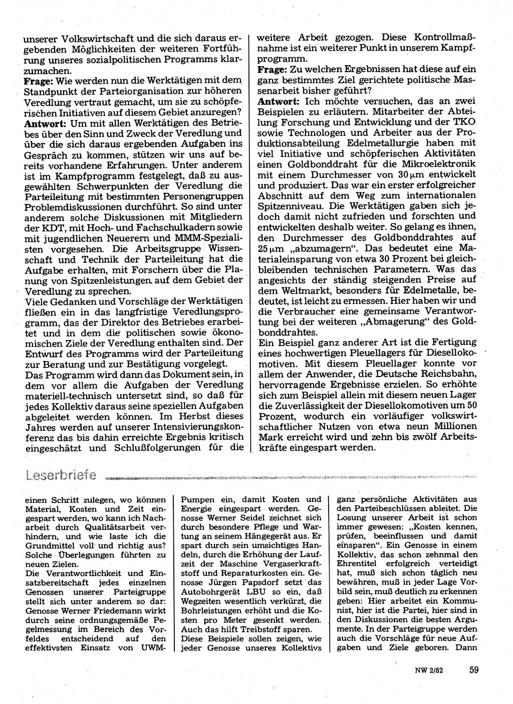 Neuer Weg (NW), Organ des Zentralkomitees (ZK) der SED (Sozialistische Einheitspartei Deutschlands) für Fragen des Parteilebens, 37. Jahrgang [Deutsche Demokratische Republik (DDR)] 1982, Seite 59 (NW ZK SED DDR 1982, S. 59)