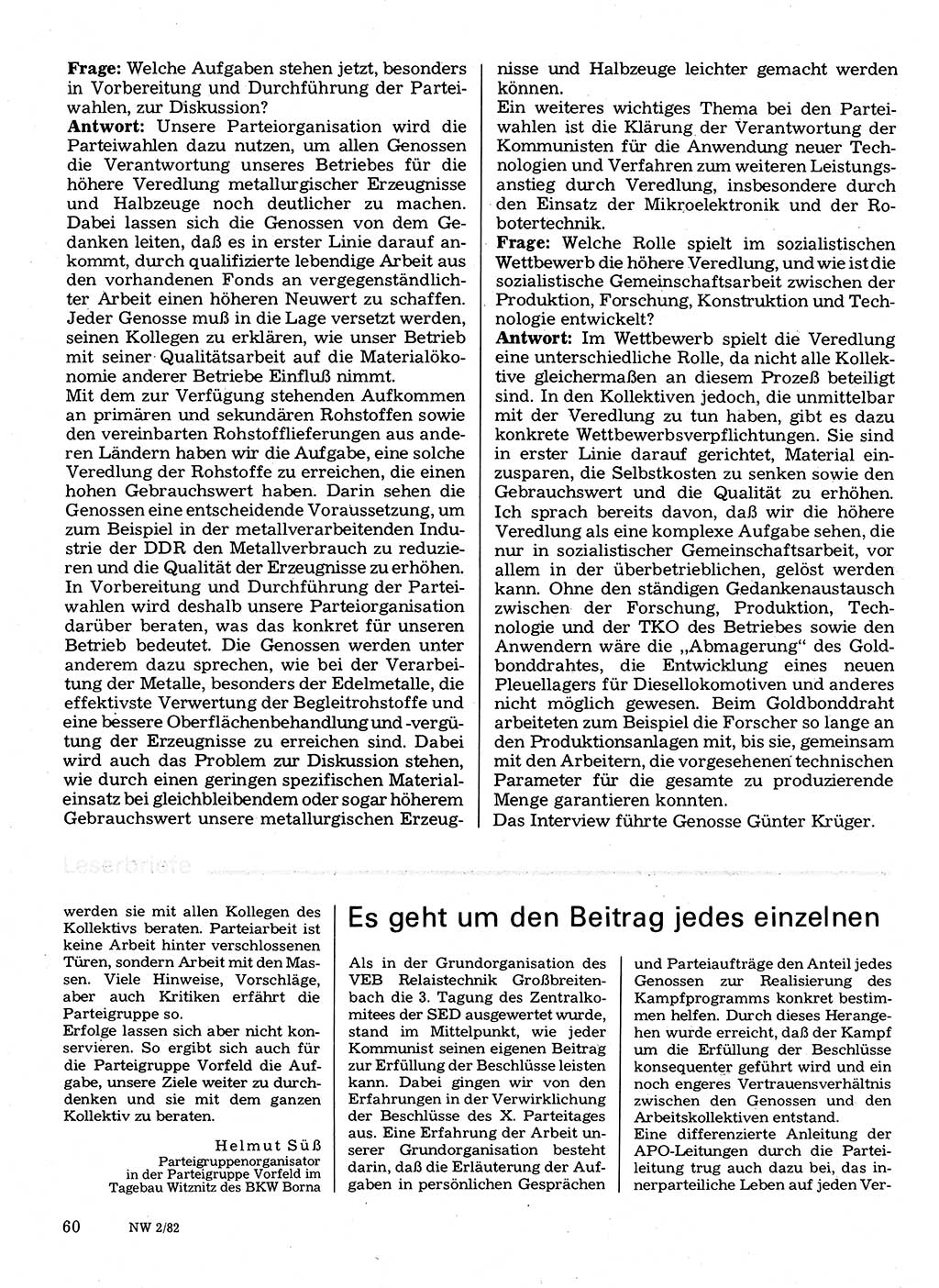 Neuer Weg (NW), Organ des Zentralkomitees (ZK) der SED (Sozialistische Einheitspartei Deutschlands) für Fragen des Parteilebens, 37. Jahrgang [Deutsche Demokratische Republik (DDR)] 1982, Seite 60 (NW ZK SED DDR 1982, S. 60)